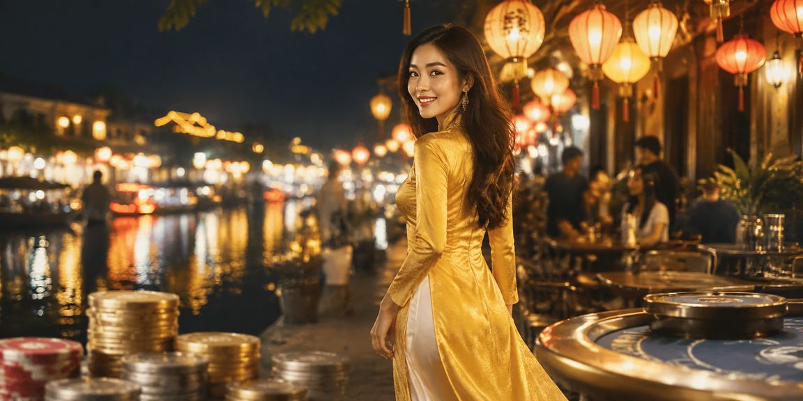 Người phụ nữ mặc áo dài tại Hội An sử dụng điện thoại để đặt cược thể thao trực tuyến